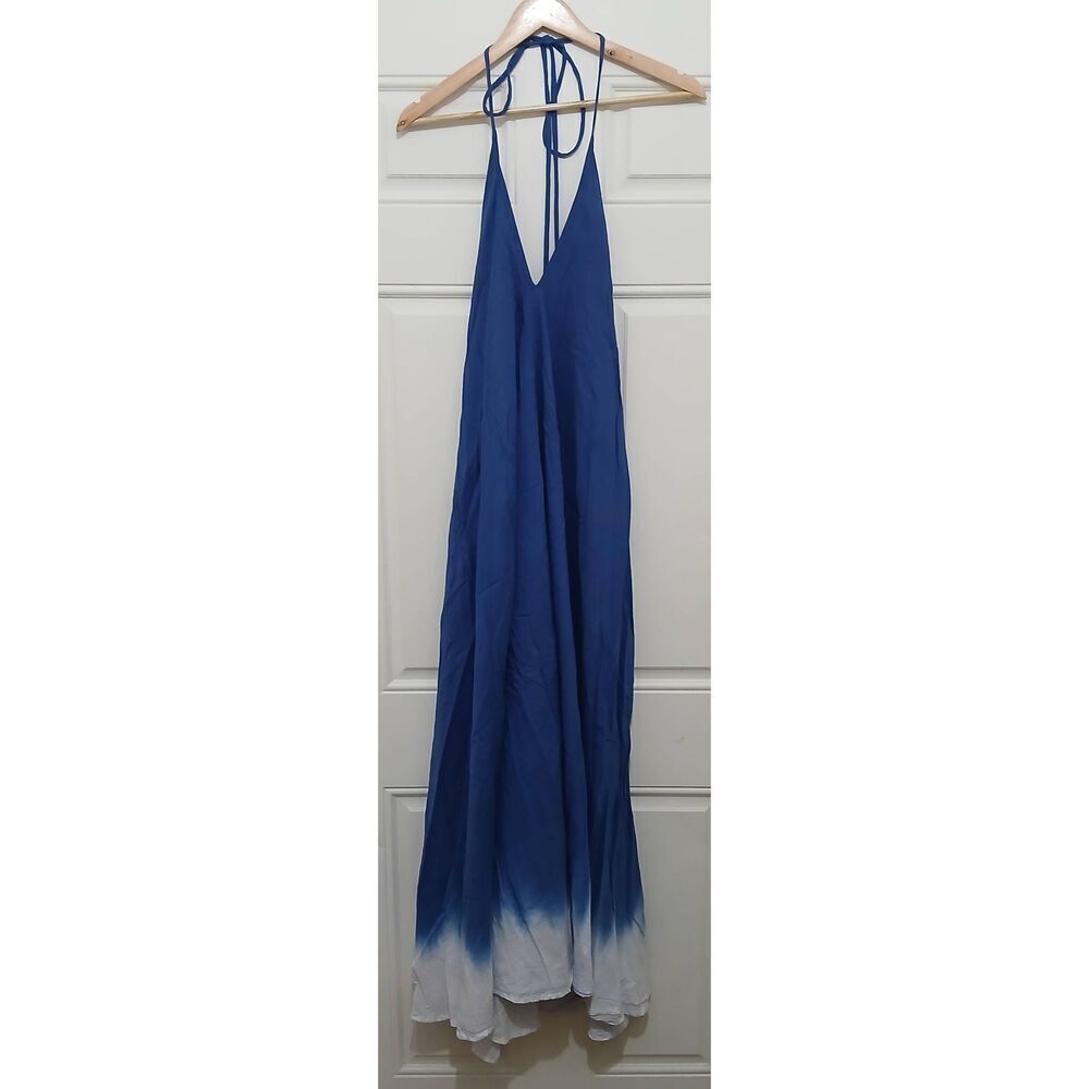 Liz women large long maxi halter back tie neck beach Boho tie dye blue dress